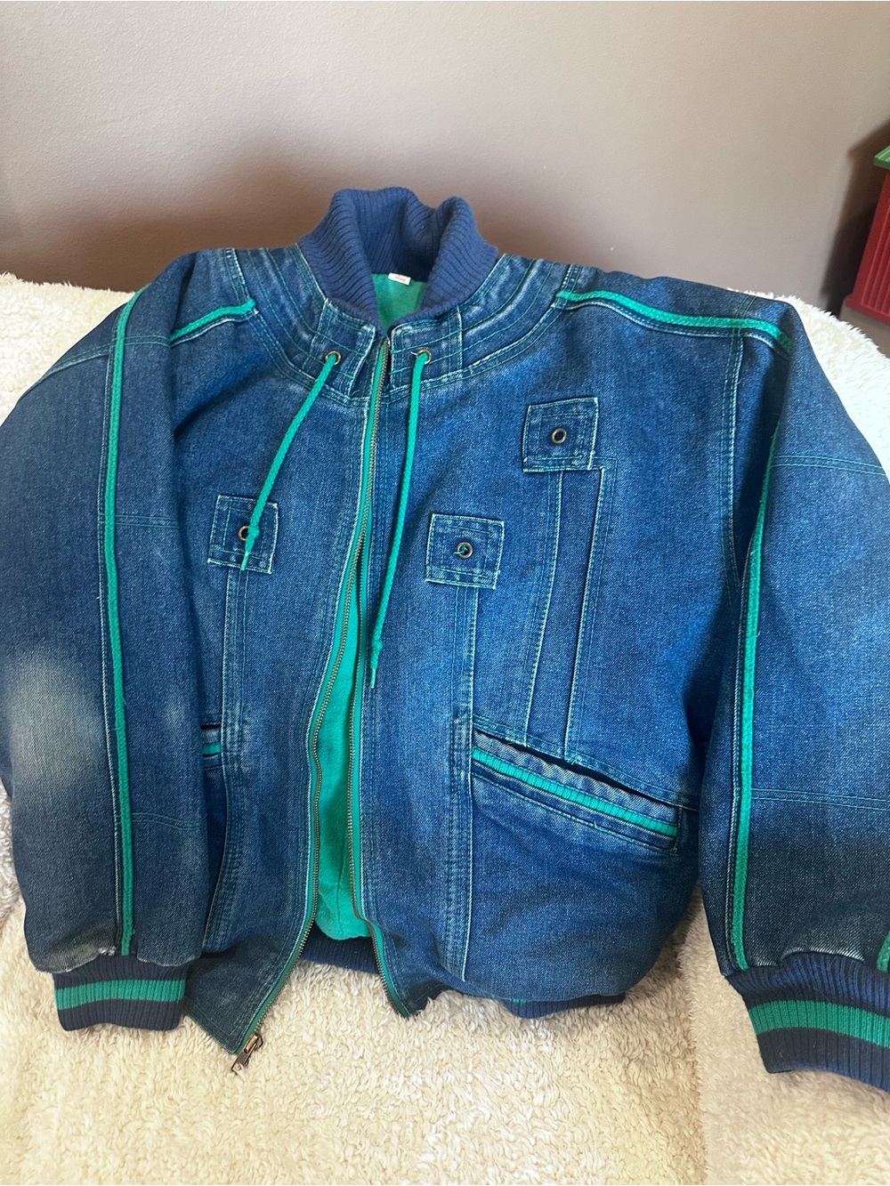 Sergio Valente Blue Denim Bomber Jacket with Green Trim